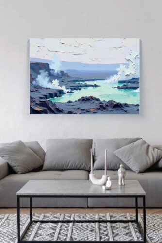 Painted Rocky Coast premium canvas print with textured cliffs and turquoise water, ideal for modern coastal interior décor. Fancy Walls hand-stretched canvas.