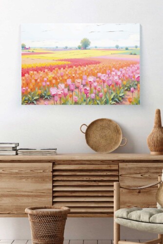 Vibrant Tulip Meadow canvas print showing painted-look tulip fields in pink and orange tones, perfect for cheerful spring-inspired interiors.