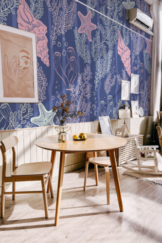 Pastel Seashell Symphony wall mural peel and stick design by Fancy Walls featuring coastal charm.