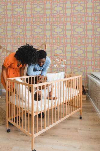 Fancy Walls peel and stick wallpaper featuring retro pastel brush lines in a soft flowing abstract pattern.