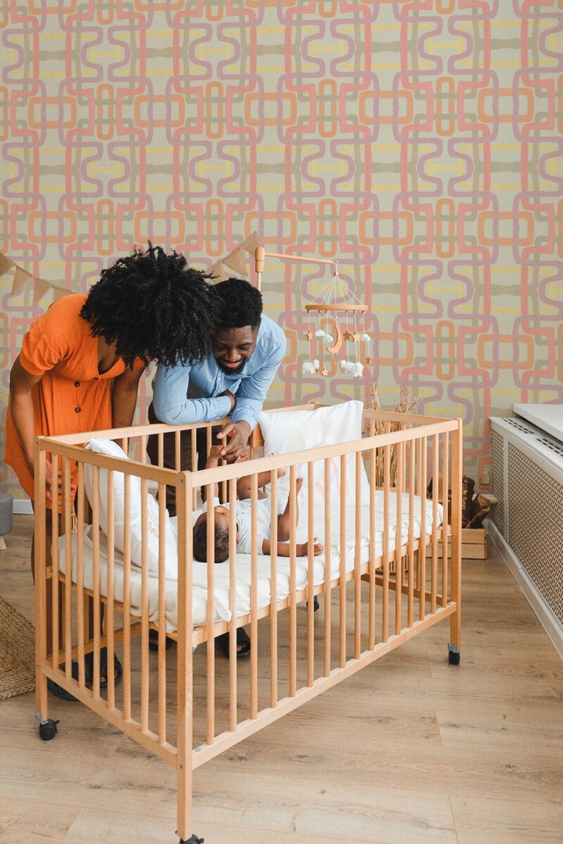 Fancy Walls peel and stick wallpaper featuring retro pastel brush lines in a soft flowing abstract pattern.