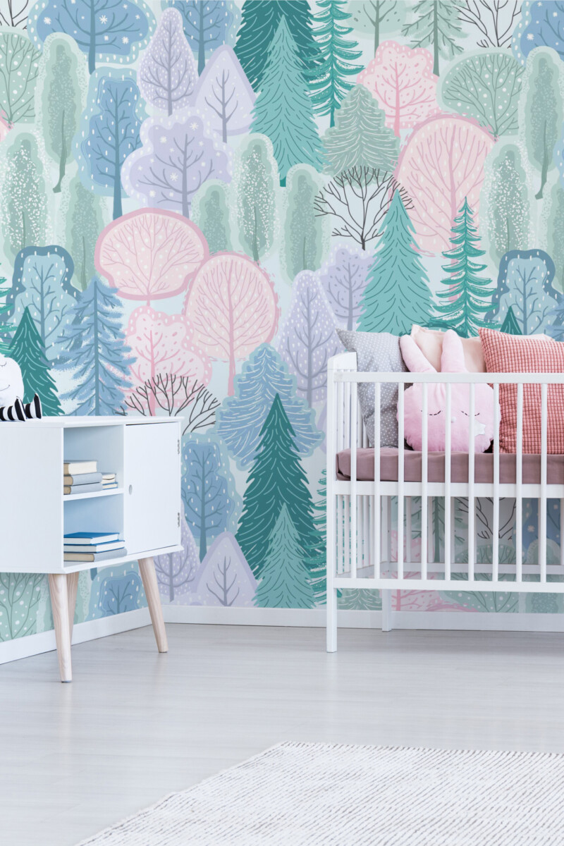 Pastel Woodland PVC-free and eco-friendly removable wallpaper mural in soft woodland tones for kids’ rooms.