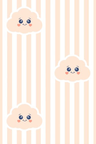 Fancy Walls removable wallpaper showing neutral smiling clouds with soft striping for a warm and minimal nursery design.