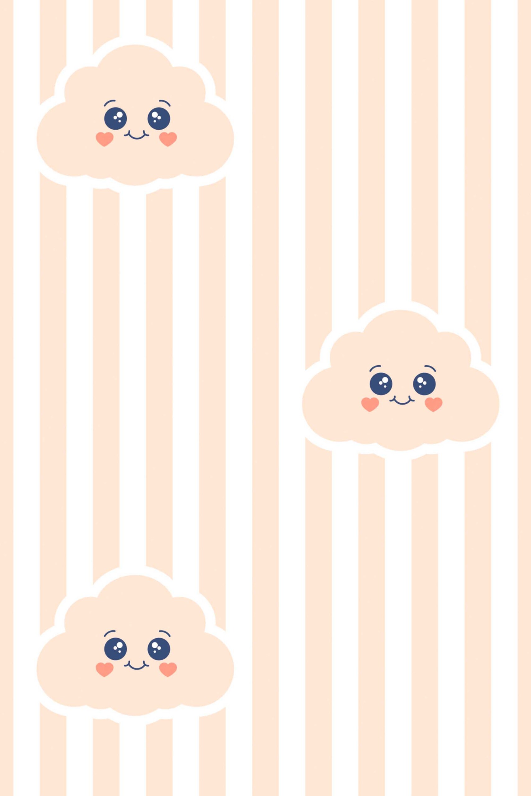 Fancy Walls removable wallpaper showing neutral smiling clouds with soft striping for a warm and minimal nursery design.