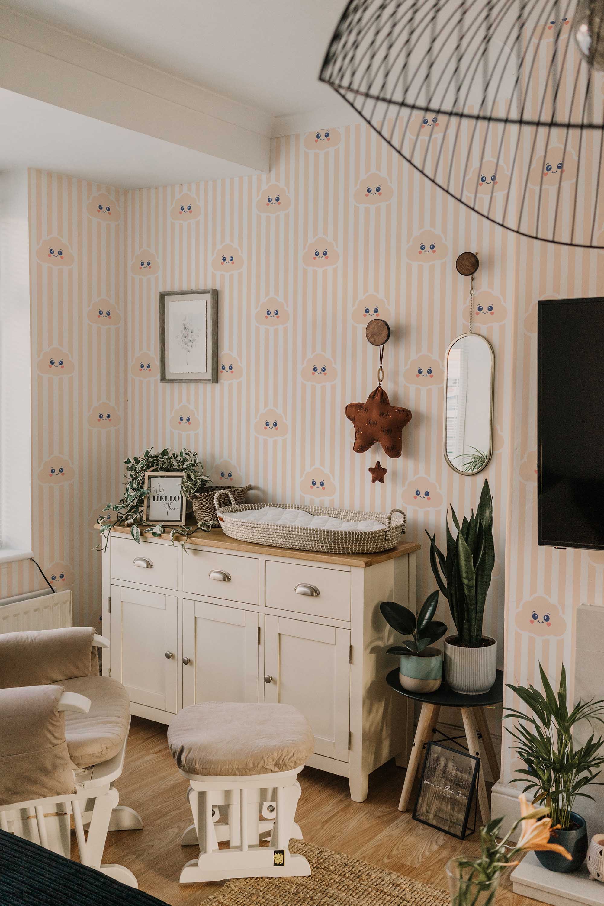 Fancy Walls traditional wallpaper highlighting soft peach clouds with simple stripe accents for a modern minimal nursery mood.