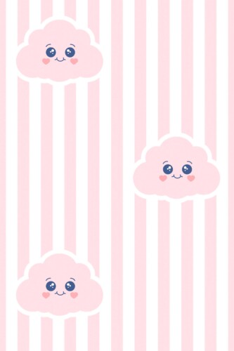 Fancy Walls removable wallpaper showing cheerful pink clouds paired with subtle stripes for a soft and uplifting nursery palette.