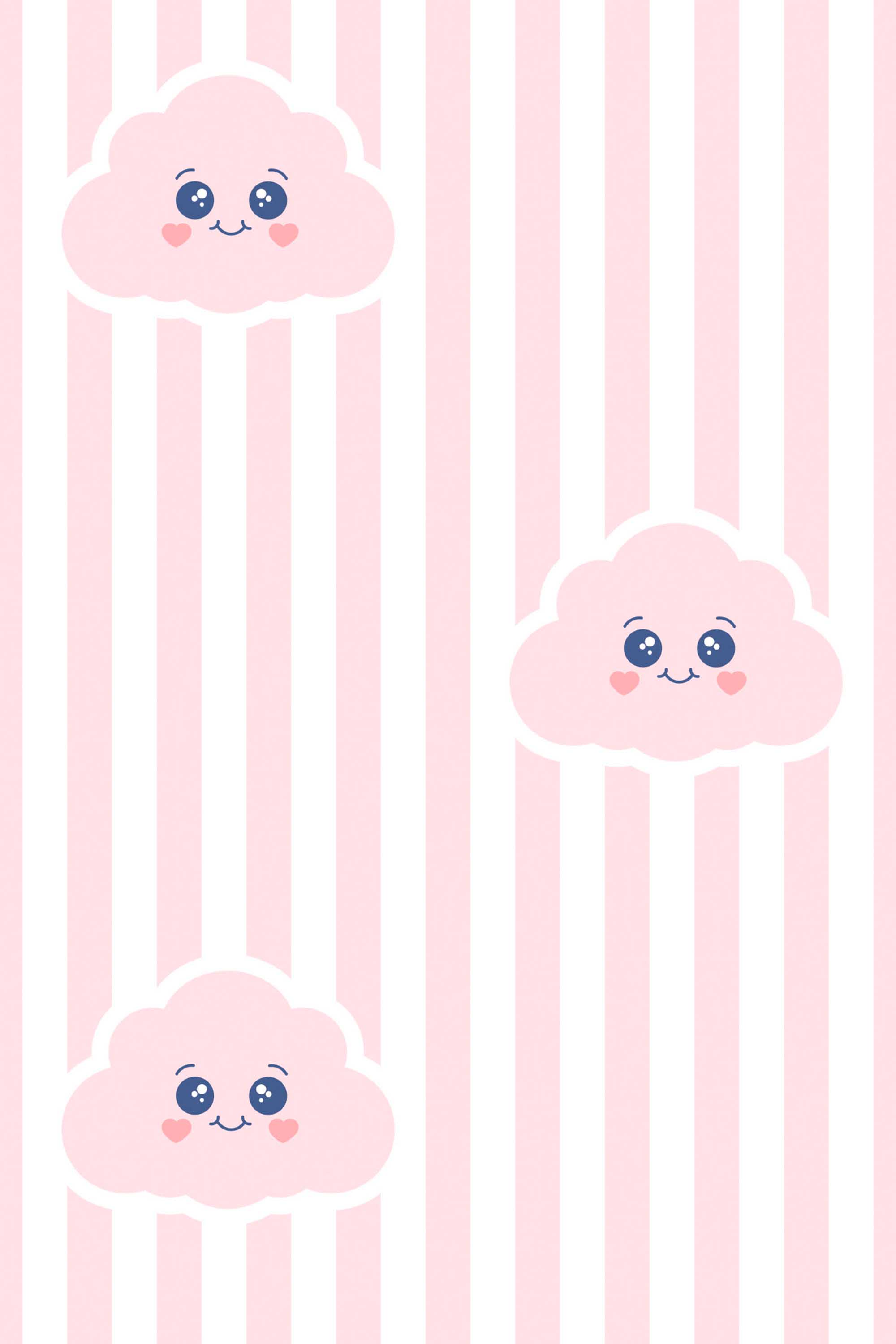 Fancy Walls removable wallpaper showing cheerful pink clouds paired with subtle stripes for a soft and uplifting nursery palette.