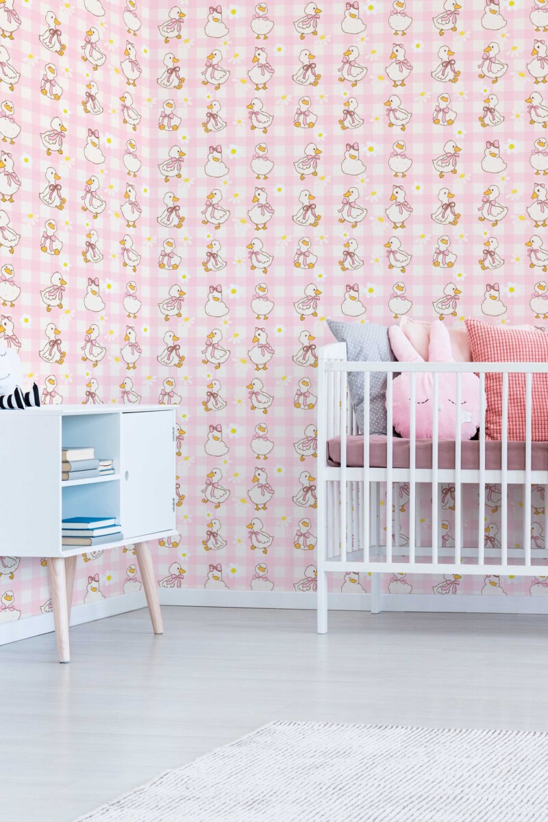 Fancy Walls self-adhesive wallpaper with cute pink ducks and plaid details for a feminine nursery look. Plaid Duck Girls Room removable PVC-free and eco-friendly wallpaper for walls