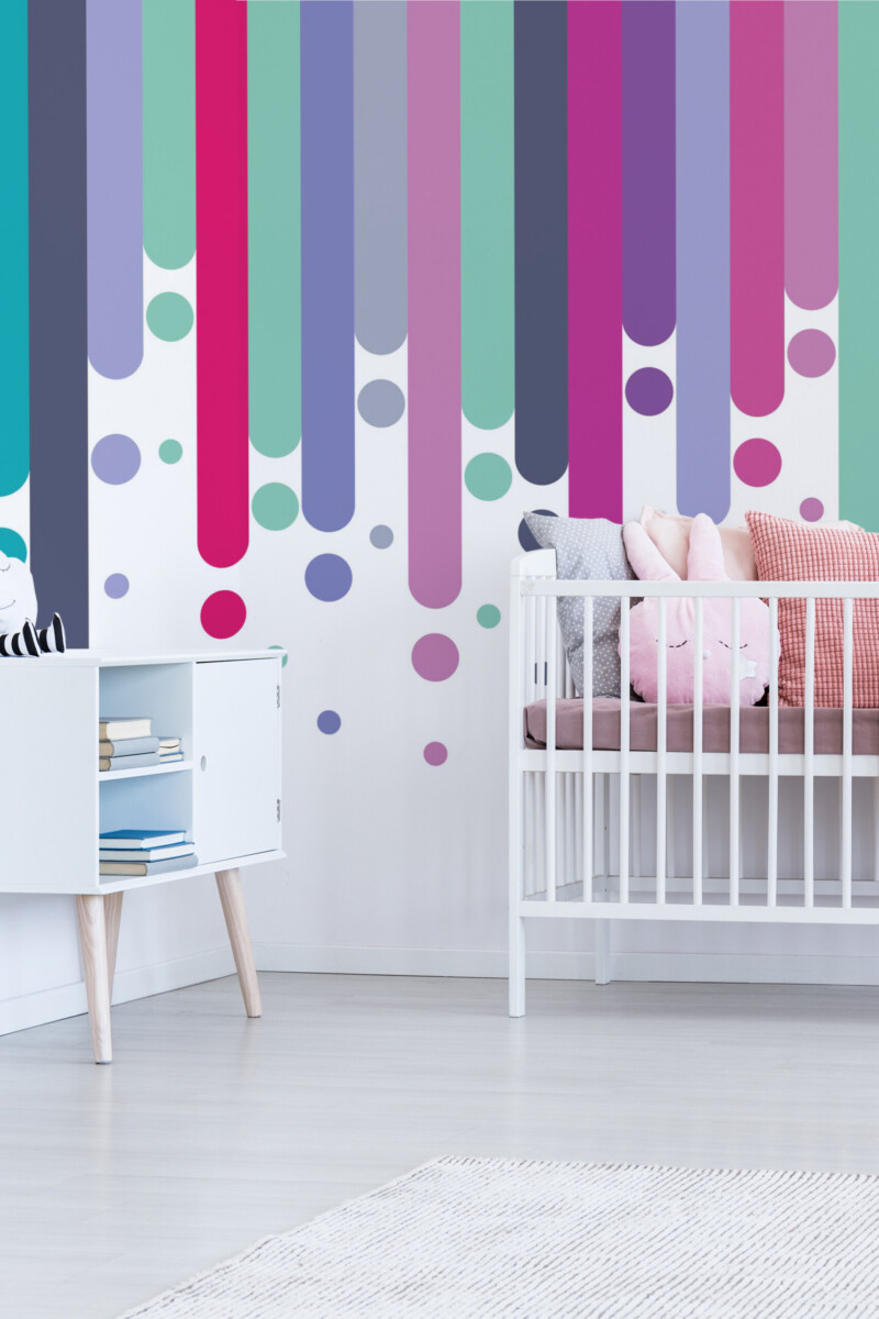 Playful Color Drops PVC-free and eco-friendly removable wallpaper mural perfect for joyful nursery interiors.
