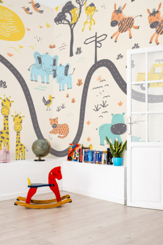 Safari Adventure PVC-free and eco-friendly removable wallpaper mural in soft safari tones for nurseries.