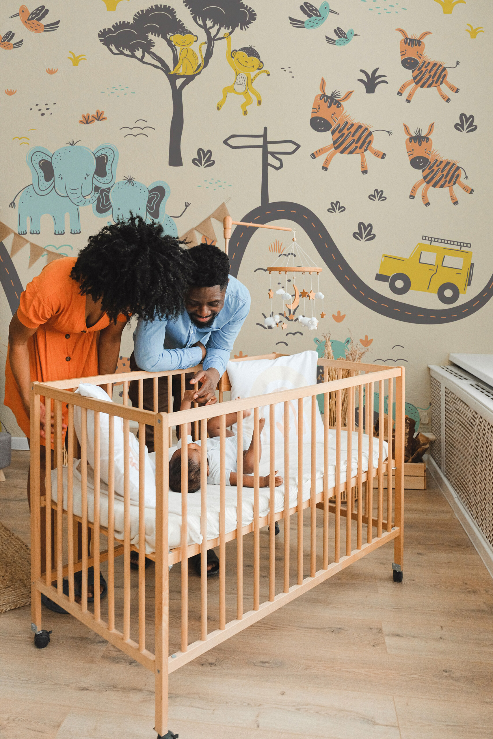 Safari Adventure peel and stick wall mural brings fun jungle energy to your child’s room with happy animals.