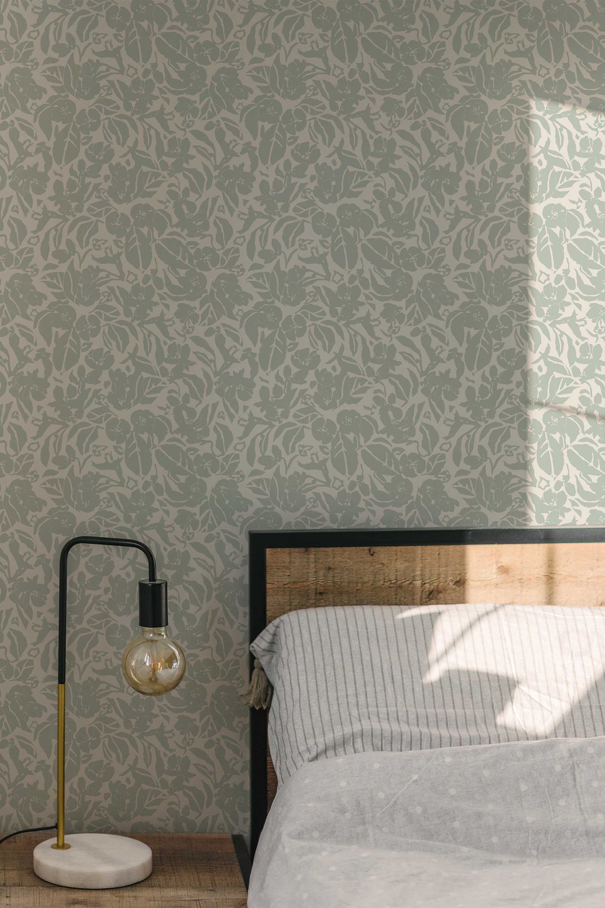 Fancy Walls traditional wallpaper with timeless sage green floral motifs for elegant interior styling.