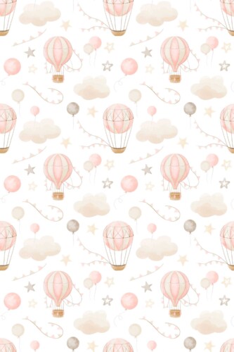 Fancy Walls self-adhesive wallpaper featuring gentle beige hot-air balloons drifting across a light sky for a calming nursery.