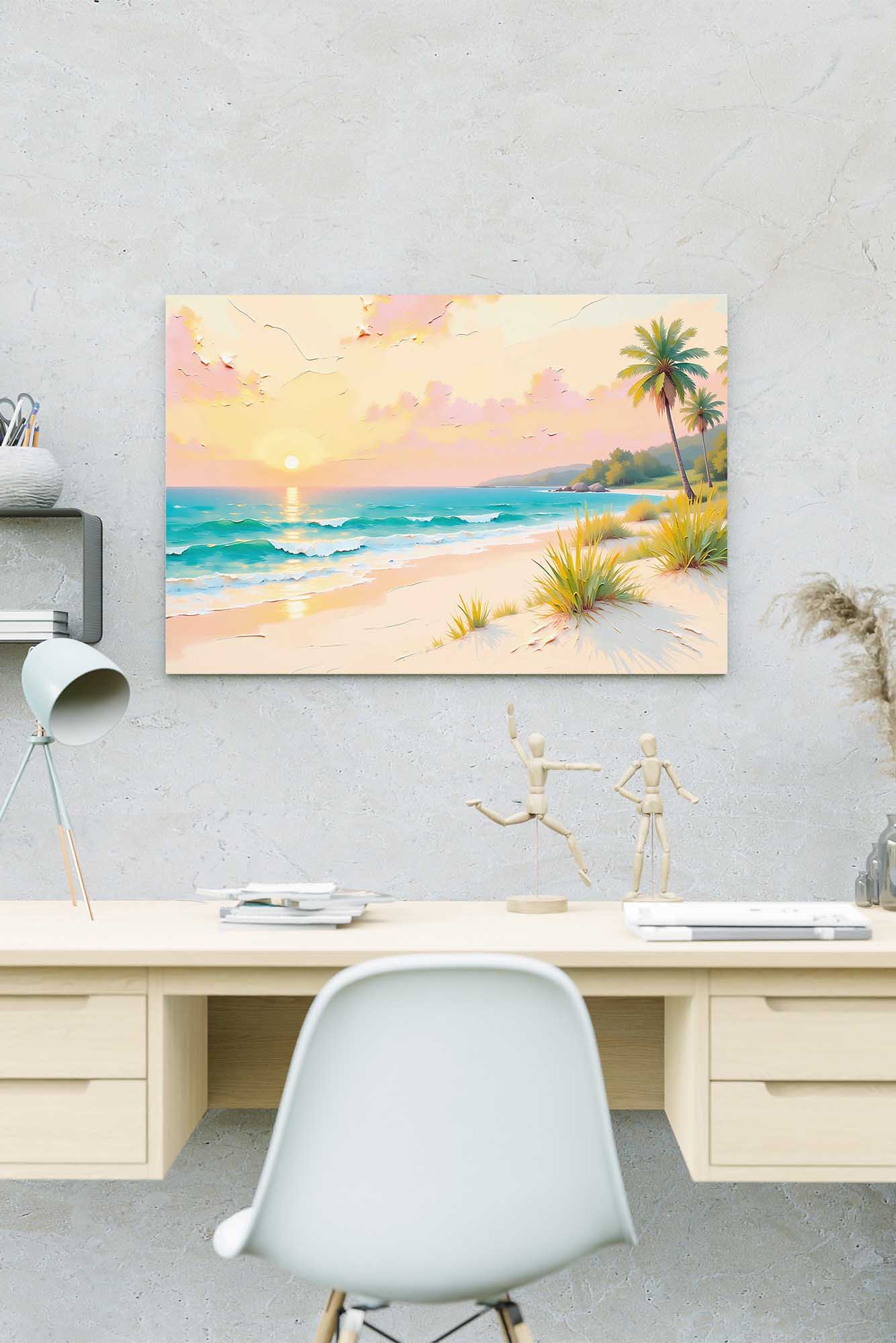 Beach Sunset canvas print showing a soft coastal sunset with palm trees and calm ocean waves, ideal for bedroom or coastal décor. Fancy Walls hand-stretched canvas with vivid colors.