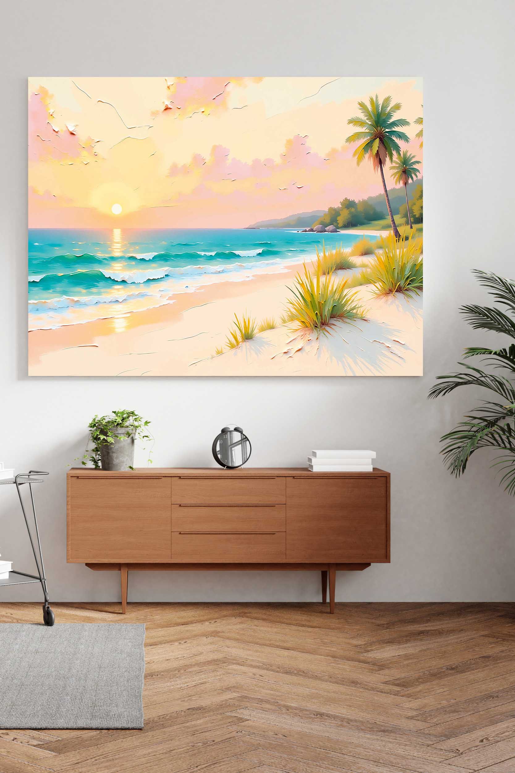Beach Sunset canvas print featuring warm sunset light, sandy shore, and turquoise sea tones for living room or beach house interiors. Fancy Walls hand-stretched canvas with vivid colors.