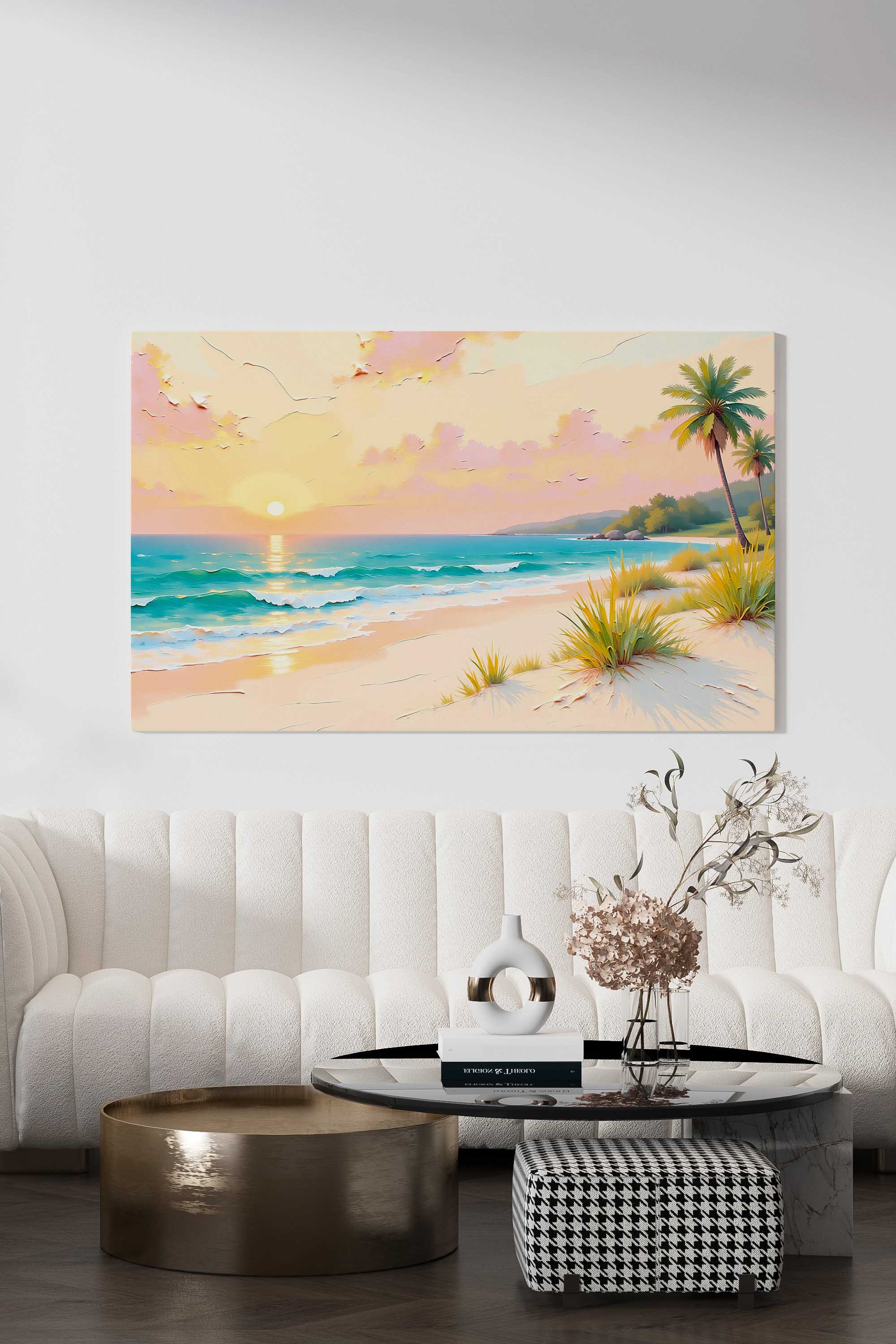 Beach Sunset canvas print with a peaceful tropical shoreline and pastel sky tones, perfect for bathroom or relaxing interior décor. Fancy Walls hand-stretched canvas with vivid colors.