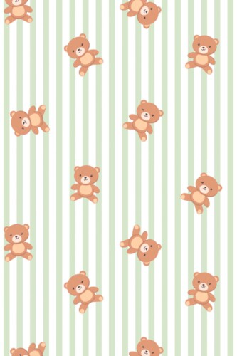Fancy Walls removable wallpaper showing gentle teddy bear illustrations on sage green stripes for a sweet nursery style.