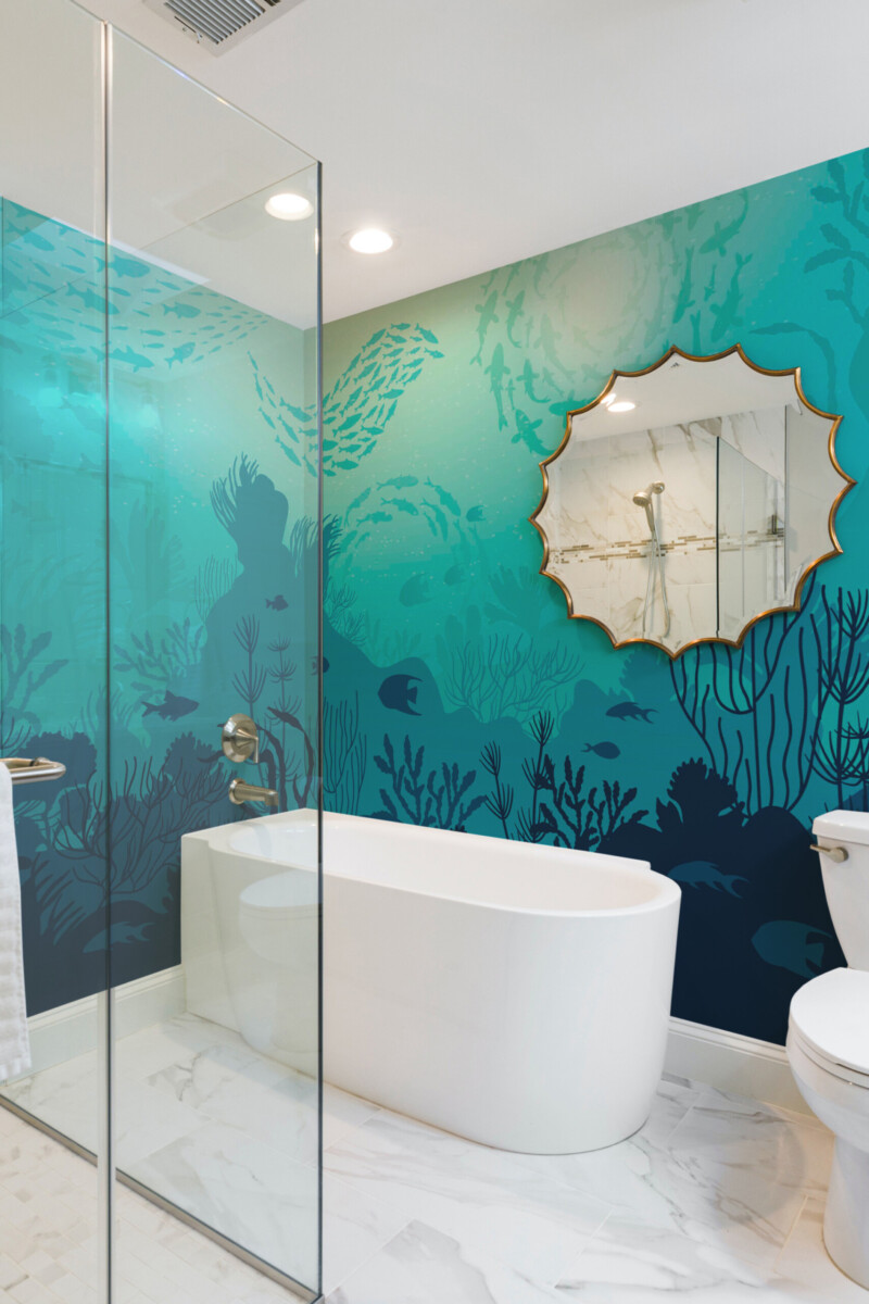 Fancy Walls Tranquil Undersea World peel and stick wall mural with coral reefs and swimming fish.