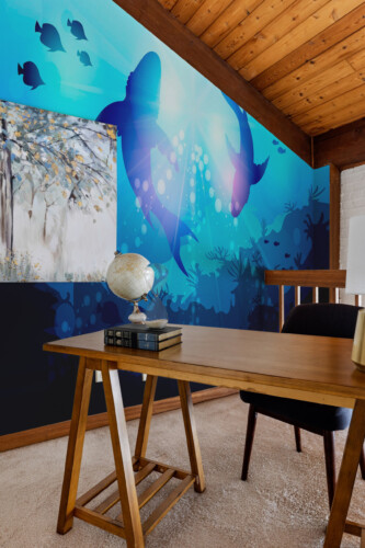 Fancy Walls Underwater Shark Dance wall mural capturing drifting sharks and underwater movement.