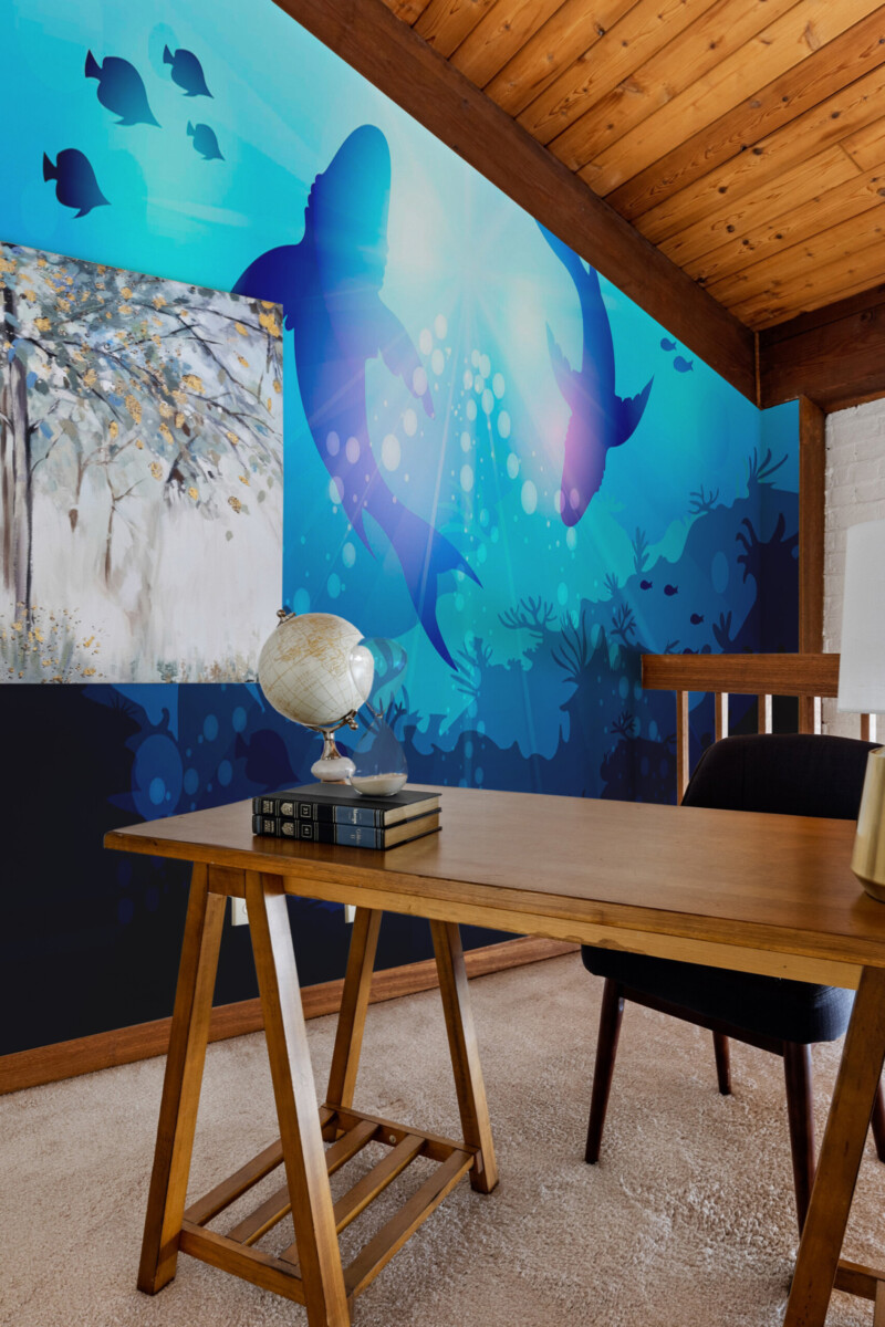 Fancy Walls Underwater Shark Dance wall mural capturing drifting sharks and underwater movement.