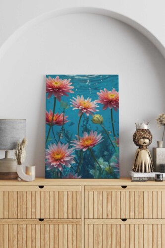 Underwater Florals canvas print showing soft pink flowers floating in clear blue water, ideal for bedroom or spa-inspired décor. Fancy Walls hand-stretched canvas with vivid colors.