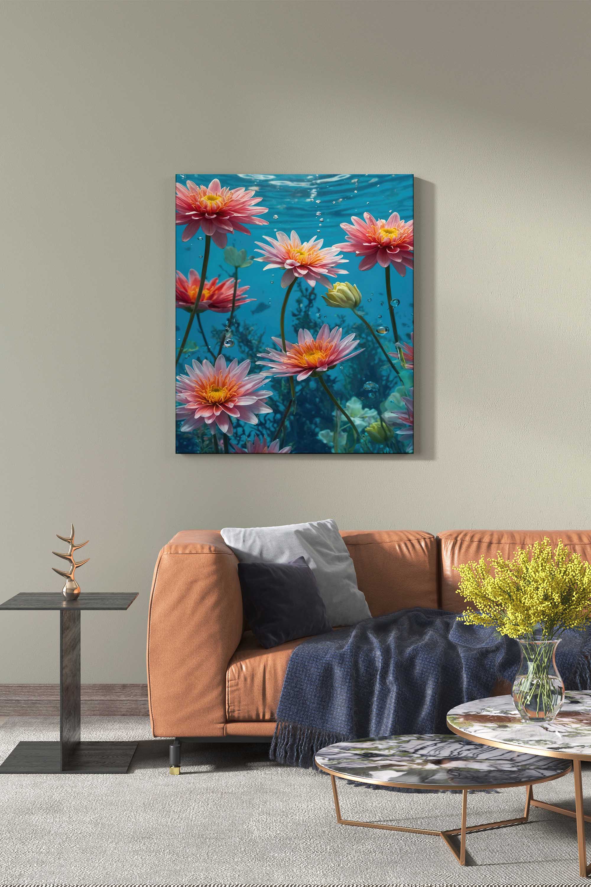 Underwater Florals canvas print featuring delicate blooms and gentle bubbles in a calm underwater scene for modern living room décor. Fancy Walls hand-stretched canvas with vivid colors.