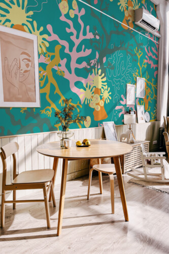 Fancy Walls Vibrant Coral Symphony wall mural with bold coral forms in pink, orange, and teal tones.