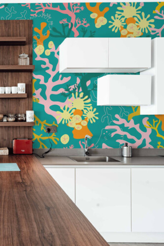 Fancy Walls printed wall mural Vibrant Coral Symphony adding colorful marine style to interiors.