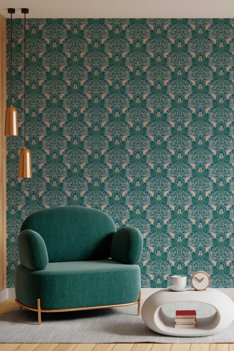 Fancy Walls self-adhesive wallpaper showing dramatic Victorian octopus designs framed by scrolling nautical patterns.