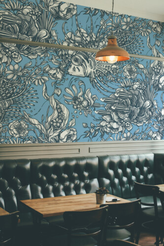 Vintage Floral Fishes wall mural peel and stick design by Fancy Walls featuring elegant ocean flora and fauna illustration.