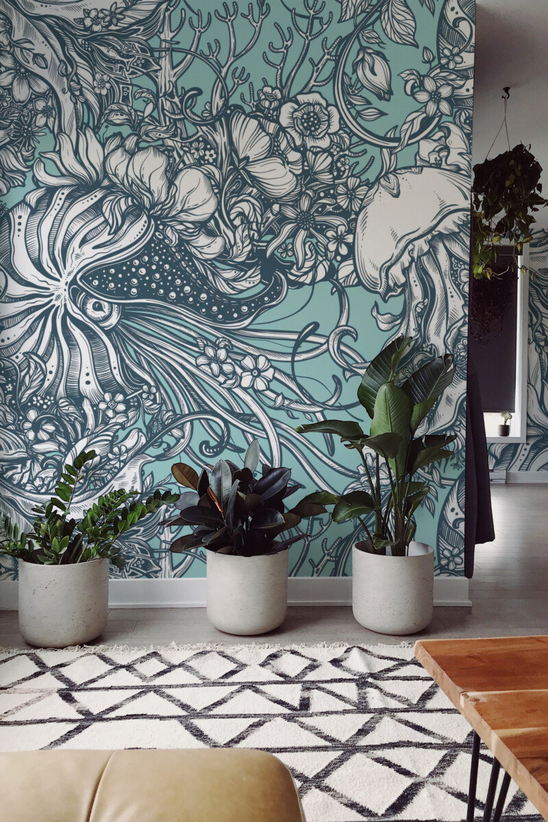 Fancy Walls Vintage Ocean Reverie wall mural with jellyfish, coral, and floral illustrations in vintage line art.