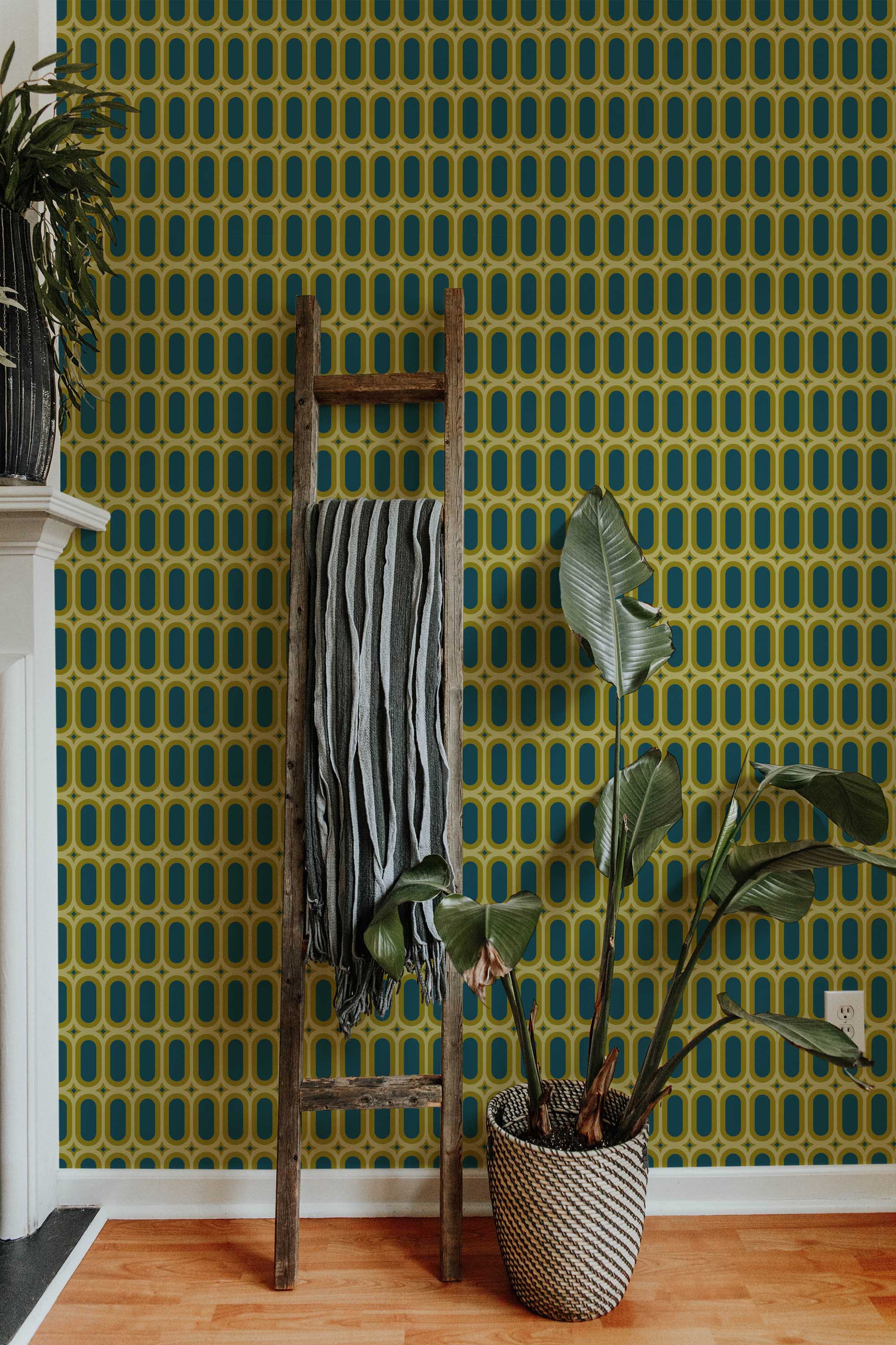 Fancy Walls peel and stick wallpaper with bold olive green retro ovals in a deep blue geometric rhythm.
