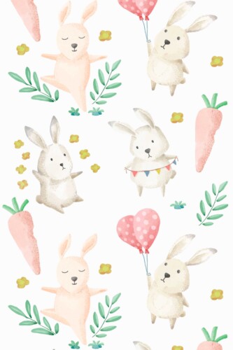 Fancy Walls removable wallpaper showcasing sweet watercolor bunnies surrounded by botanical pastels ideal for cozy nursery spaces.