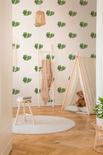 Fancy Walls peel and stick wallpaper featuring hand-painted green woodland trees for a fresh and calming nature-inspired room.