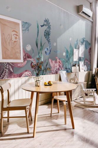 Fancy Walls Watercolor Ocean Dreams peel and stick wall mural with seahorse and octopus in soft blue tones.