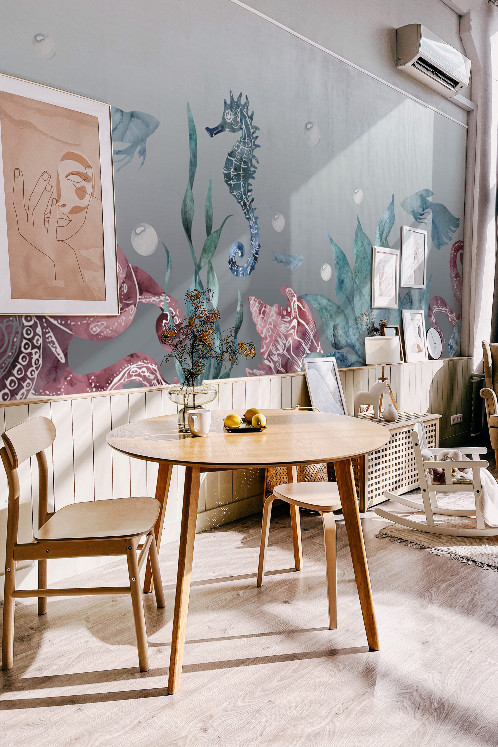 Fancy Walls Watercolor Ocean Dreams peel and stick wall mural with seahorse and octopus in soft blue tones.