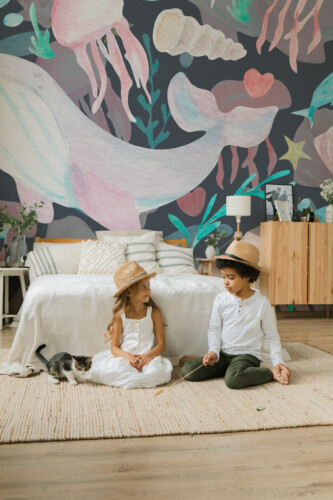Fancy Walls Watercolor Ocean Friends wall mural in gentle watercolor tones for nursery or kids’ décor.