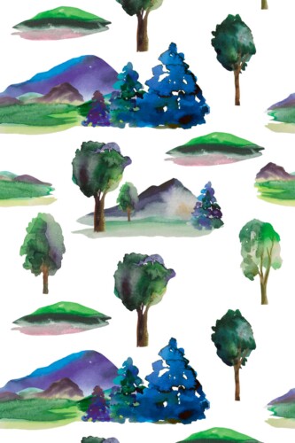 Fancy Walls self-adhesive wallpaper with watercolor forest trees in soft greens ideal for serene nursery or bedroom interiors.