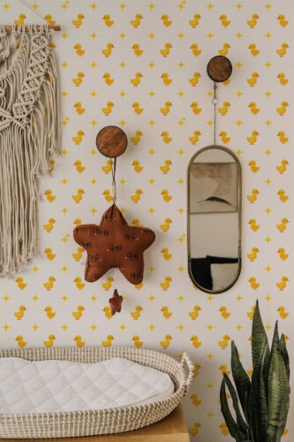 Fancy Walls traditional wallpaper displaying charming yellow ducklings in a sweet, kid-friendly repeat. Cute Duck Nursery PVC-free and eco-friendly wallpaper for walls