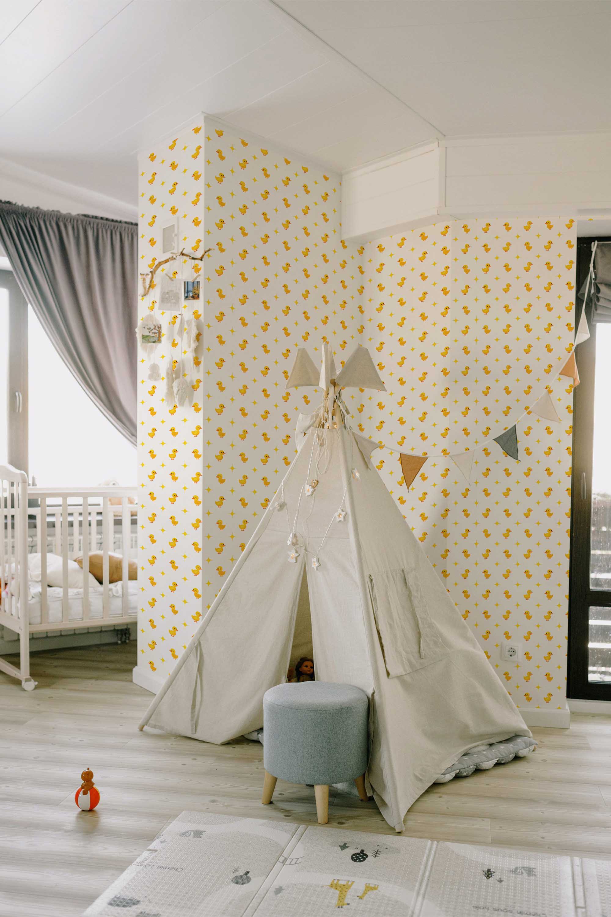 Fancy Walls traditional wallpaper displaying charming yellow ducklings in a sweet, kid-friendly repeat. Cute Duck Nursery PVC-free and eco-friendly wallpaper for walls