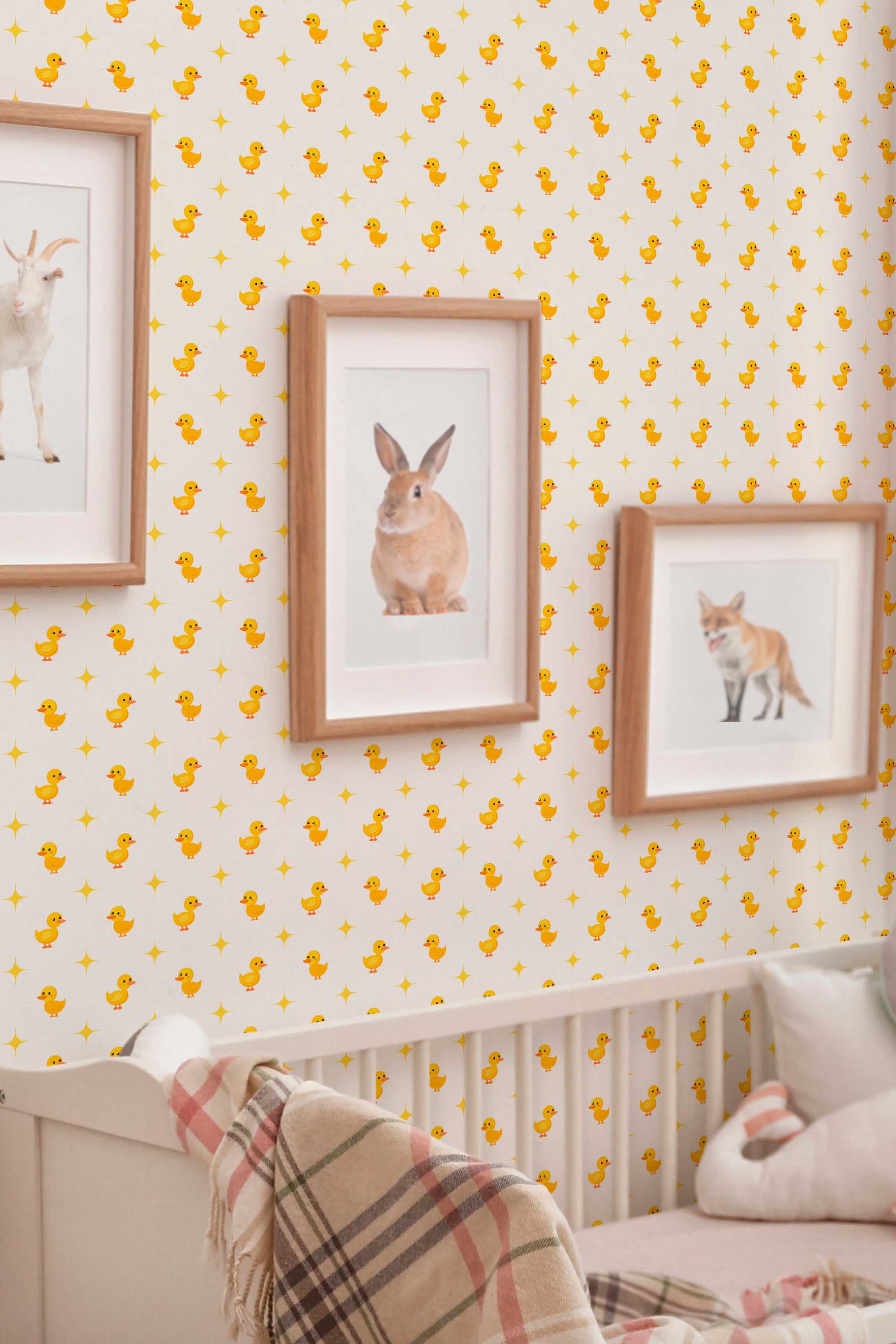 Fancy Walls removable wallpaper showing lively yellow duck repeats ideal for fun nursery designs.