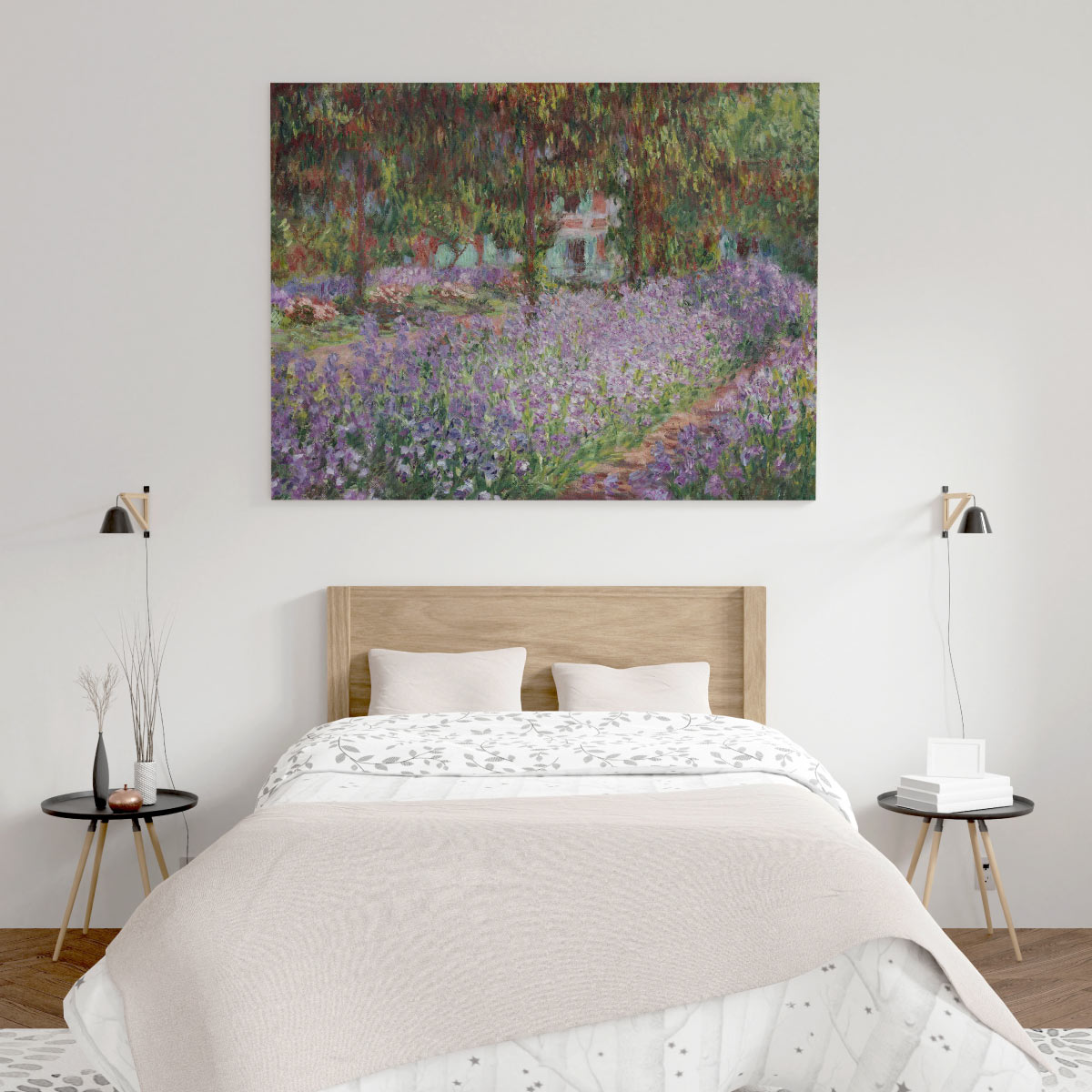 Canvas print behind the bed in a bedroom, displayed as wall art above the headboard.
