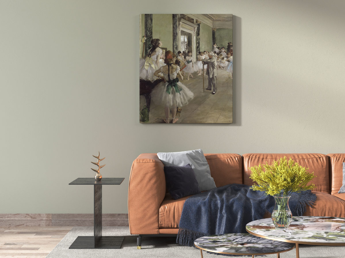 A piece of art printed on a canvas, displayed behind the couch as wall art.