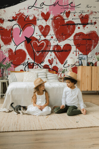Fancy Walls abstract love graffiti peel and stick wall mural with bold hearts and script