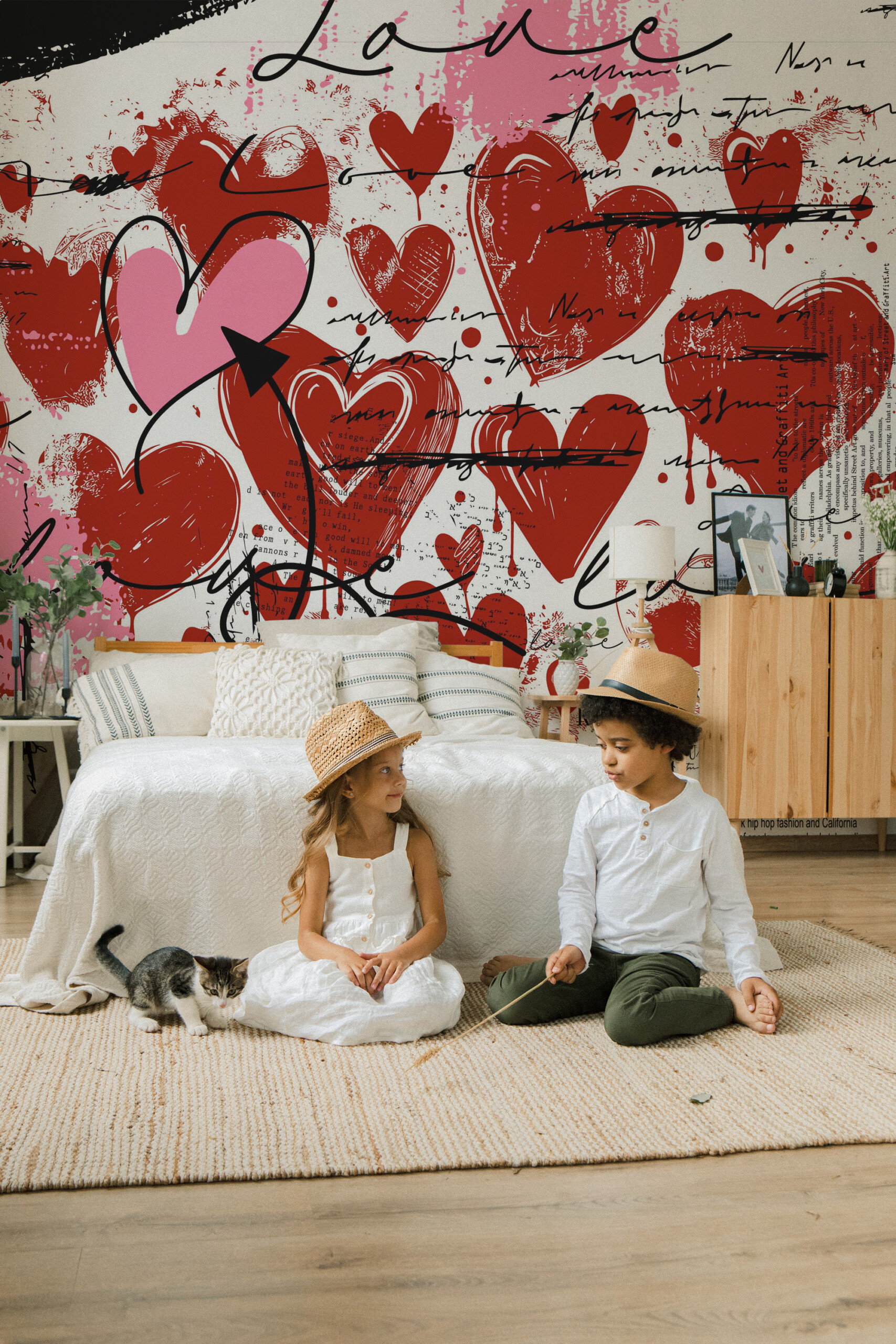 Fancy Walls abstract love graffiti peel and stick wall mural with bold hearts and script