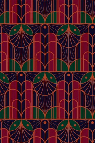 Fancy Walls self-adhesive wallpaper featuring elegant maroon art deco geometry inspired by 1920s design.