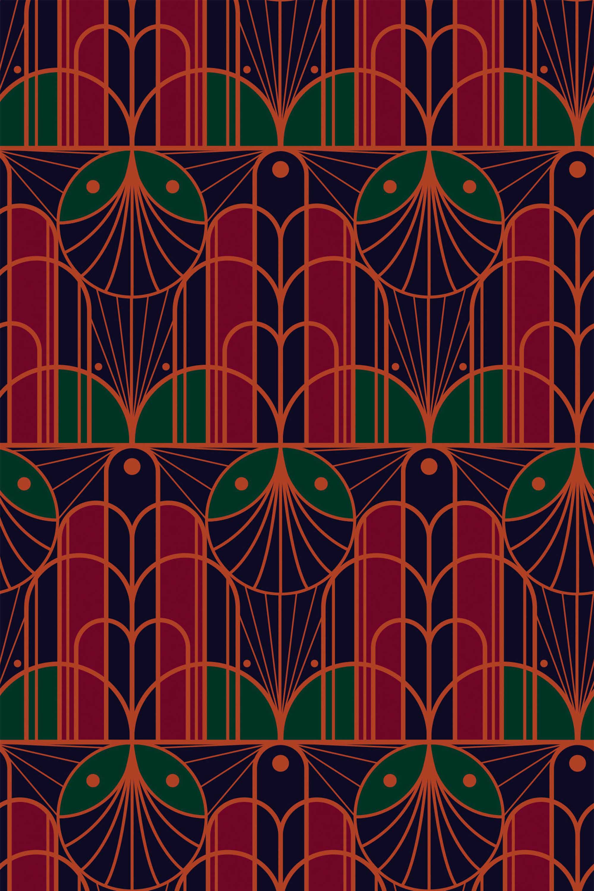 Fancy Walls self-adhesive wallpaper featuring elegant maroon art deco geometry inspired by 1920s design.