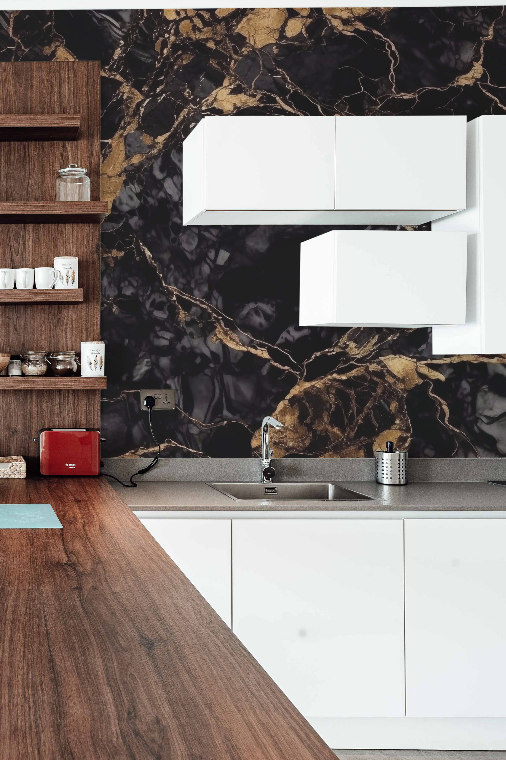 Luxury Black Marble removable wall mural with faux textured marble pattern for luxurious modern interiors.