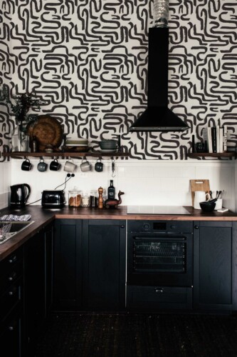 Fancy Walls Black and white abstract traditional wallpaper with modern line art style.