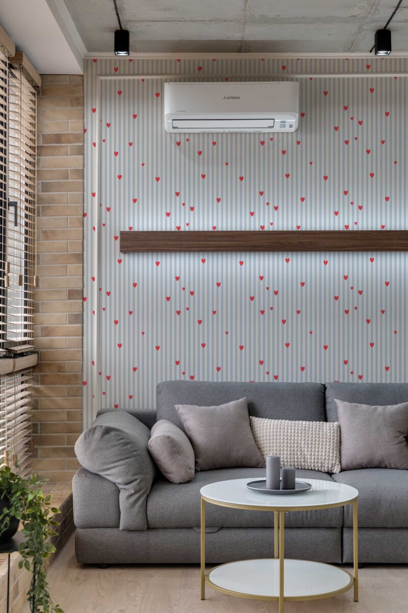 Fancy Walls traditional wallpaper inspired by classic blue stripes and tiny Valentine hearts.